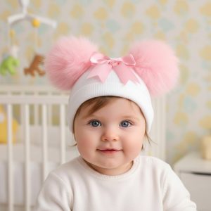 White & Pink Double Pom Pom Hat with Bow – by Little Dreams (Newborn–12 Months)
