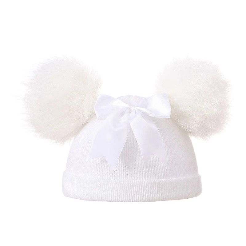 White Double Pom Pom Hat with Bow – by Little Dreams (Newborn–12 Months) - Image 2