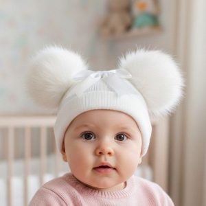White Double Pom Pom Hat with Bow – by Little Dreams (Newborn–12 Months)