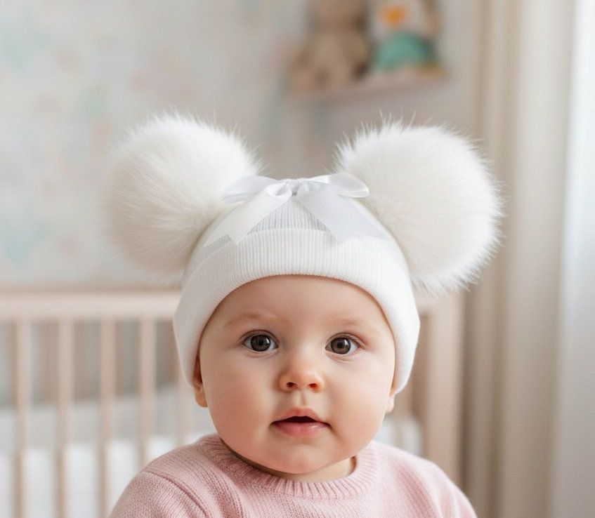 White Double Pom Pom Hat with Bow – by Little Dreams (Newborn–12 Months)