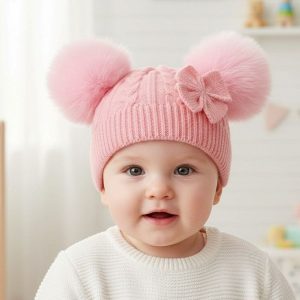 Pink Double Pom Pom Hat with Bow – by Little Dreams (Newborn–12 Months)