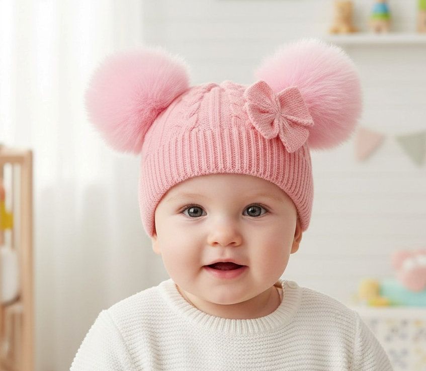 Pink Double Pom Pom Hat with Bow – by Little Dreams (Newborn–12 Months)