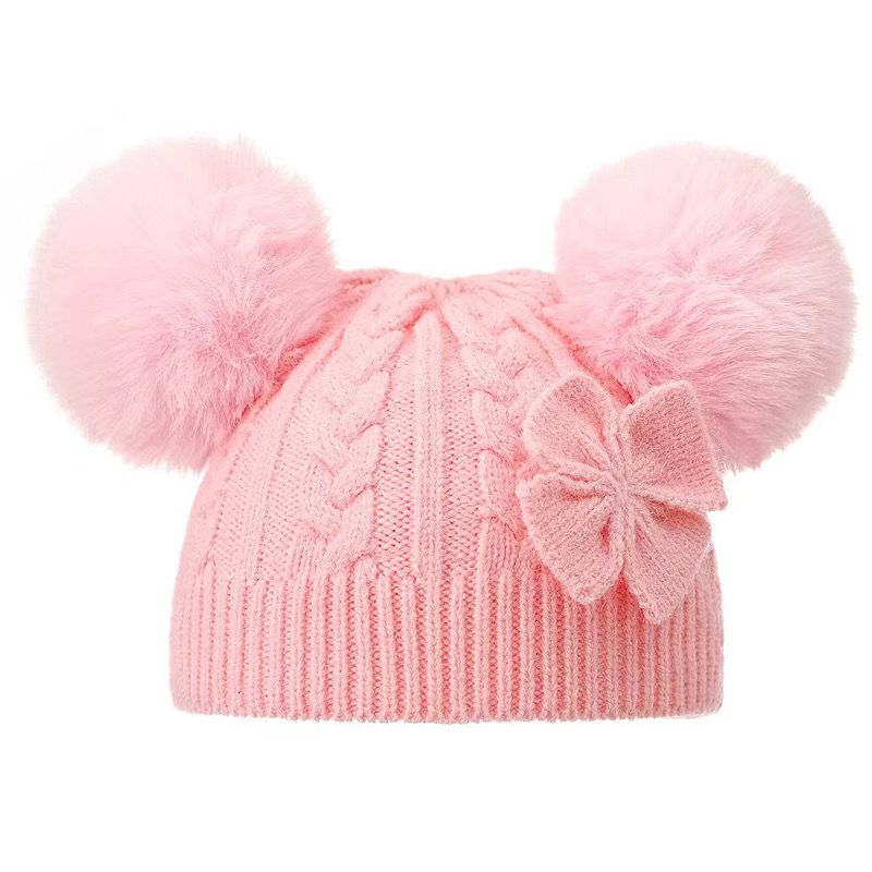 Pink Double Pom Pom Hat with Bow – by Little Dreams (Newborn–12 Months) - Image 2