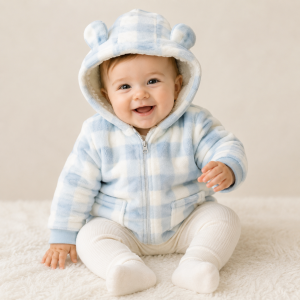 Baby Blue Hooded Gingham Fleece Jacket – by Pure & Soft (6–24 months)