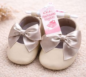 Beige Shiny Infant Shoes with Large Bow – by Soft Touch (0–12 months)