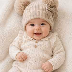 Biscuit Velvet Ribbon Pom Pom Hat – by Soft Touch (Newborn–12 months)
